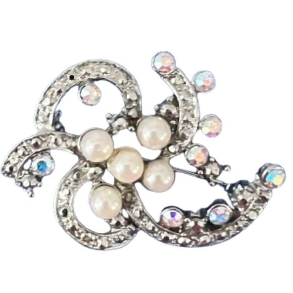 1960's Vintage Simulated Pearl and Australian‎ Aurora Borealis Stones Brooch Pin - Picture 1 of 10